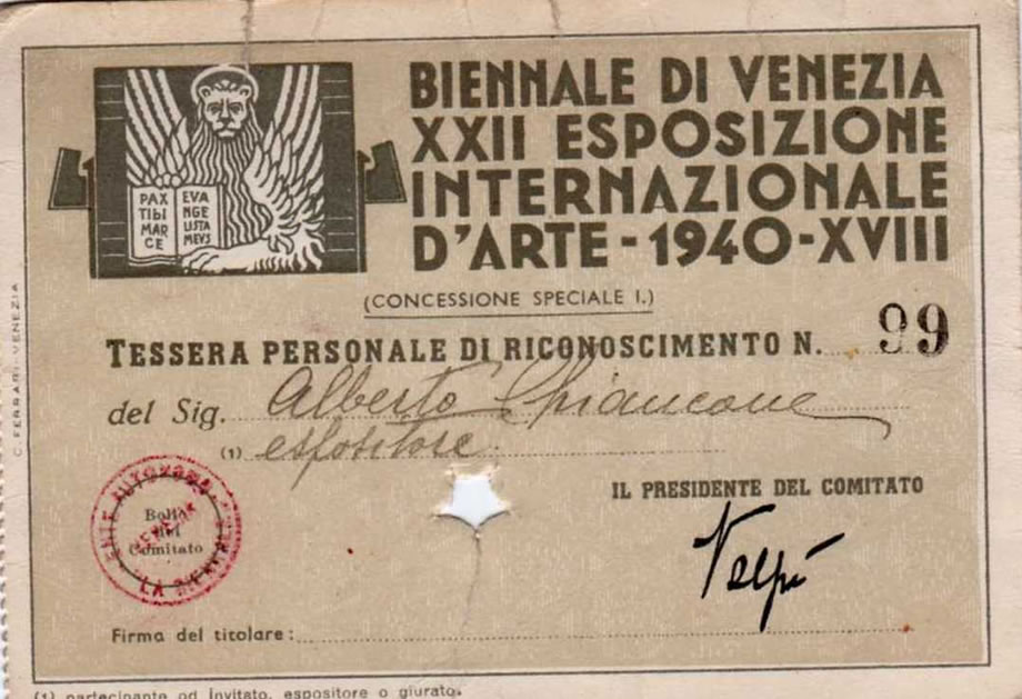 Tessera Espositore Venezia 1940